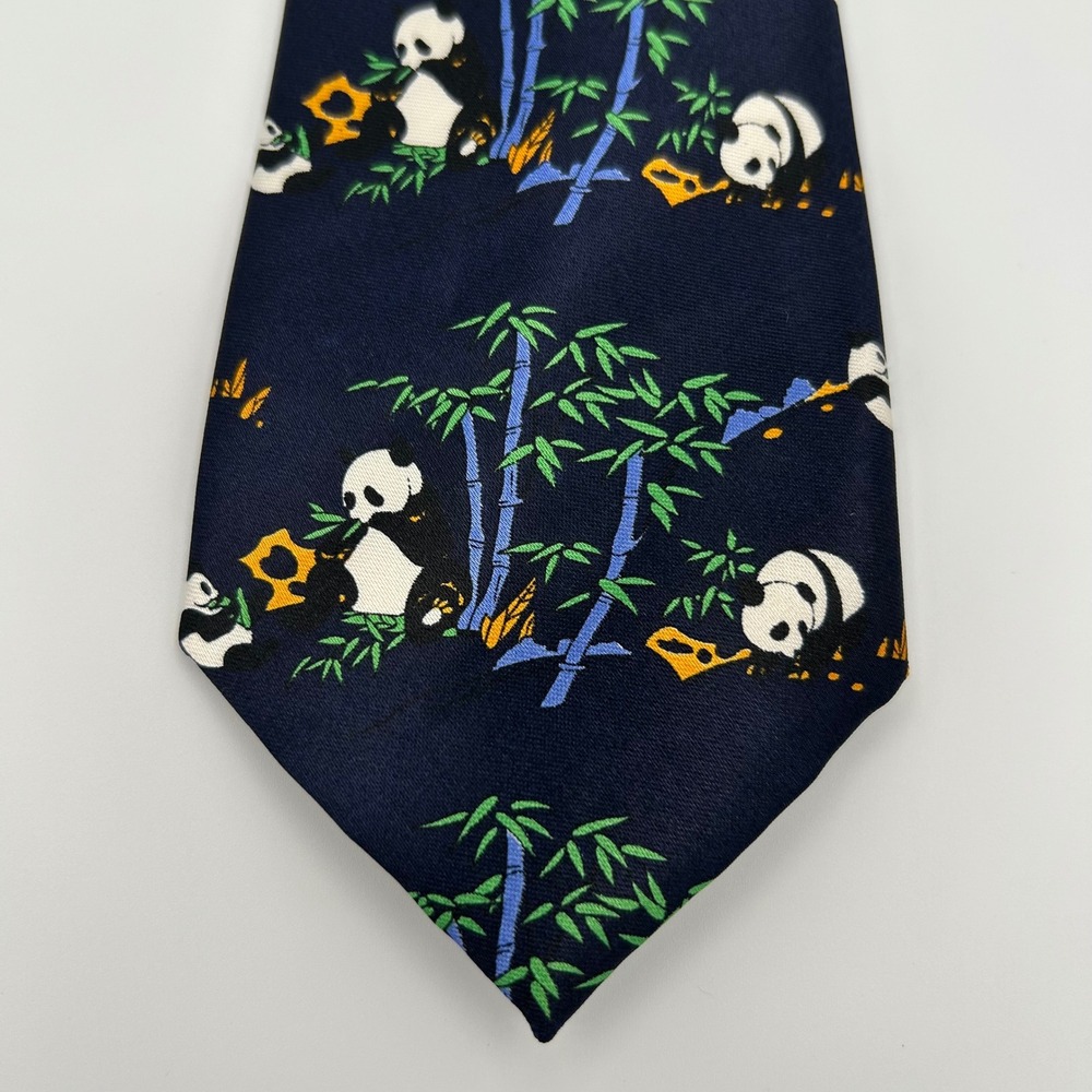 Kai Long Tie Panda Bamboo Print Mens OS Navy Blue Silk Animal Novelty Vintage